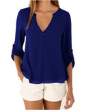 Loose Button Long Sleeve Deep V Neck Chiffon Blouse of Large Size Women's Shirts Solid Back Asymmetric Blouse Woman Summer 2017