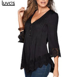 Luvcis Hot Sale 2017 Summer Women Ladies Casual V Neck Long Sleeve Cotton Lace Shirts Loose Blouses Tops Plus Lace Up Shirts