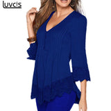 Luvcis Hot Sale 2017 Summer Women Ladies Casual V Neck Long Sleeve Cotton Lace Shirts Loose Blouses Tops Plus Lace Up Shirts